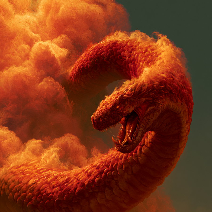 close-up of a large red dragon coiled in fiery smoke, showing its scales, sharp teeth, and open mouth against a dark background