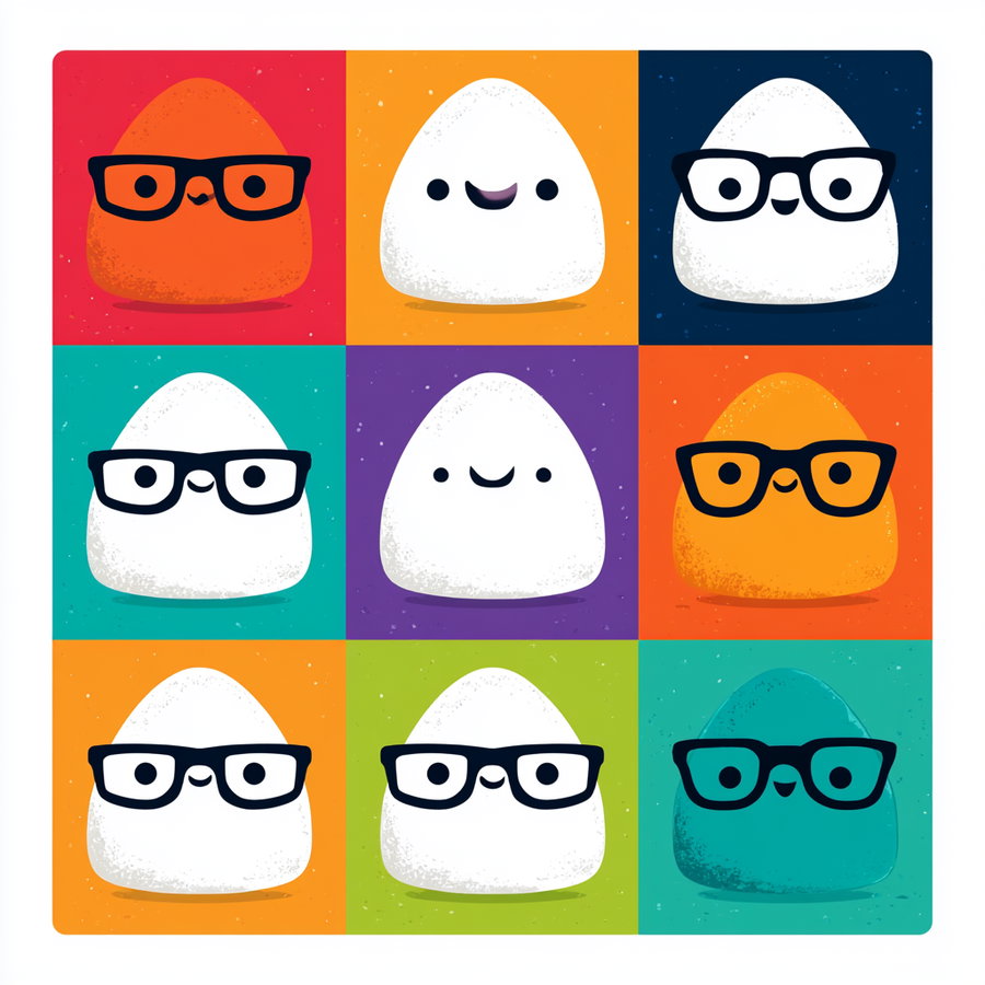 A 3x3 grid featuring cartoonish triangle shapes with faces, some wearing glasses, against colorful square backgrounds in red, orange, blue, purple, teal, green, and yellow.