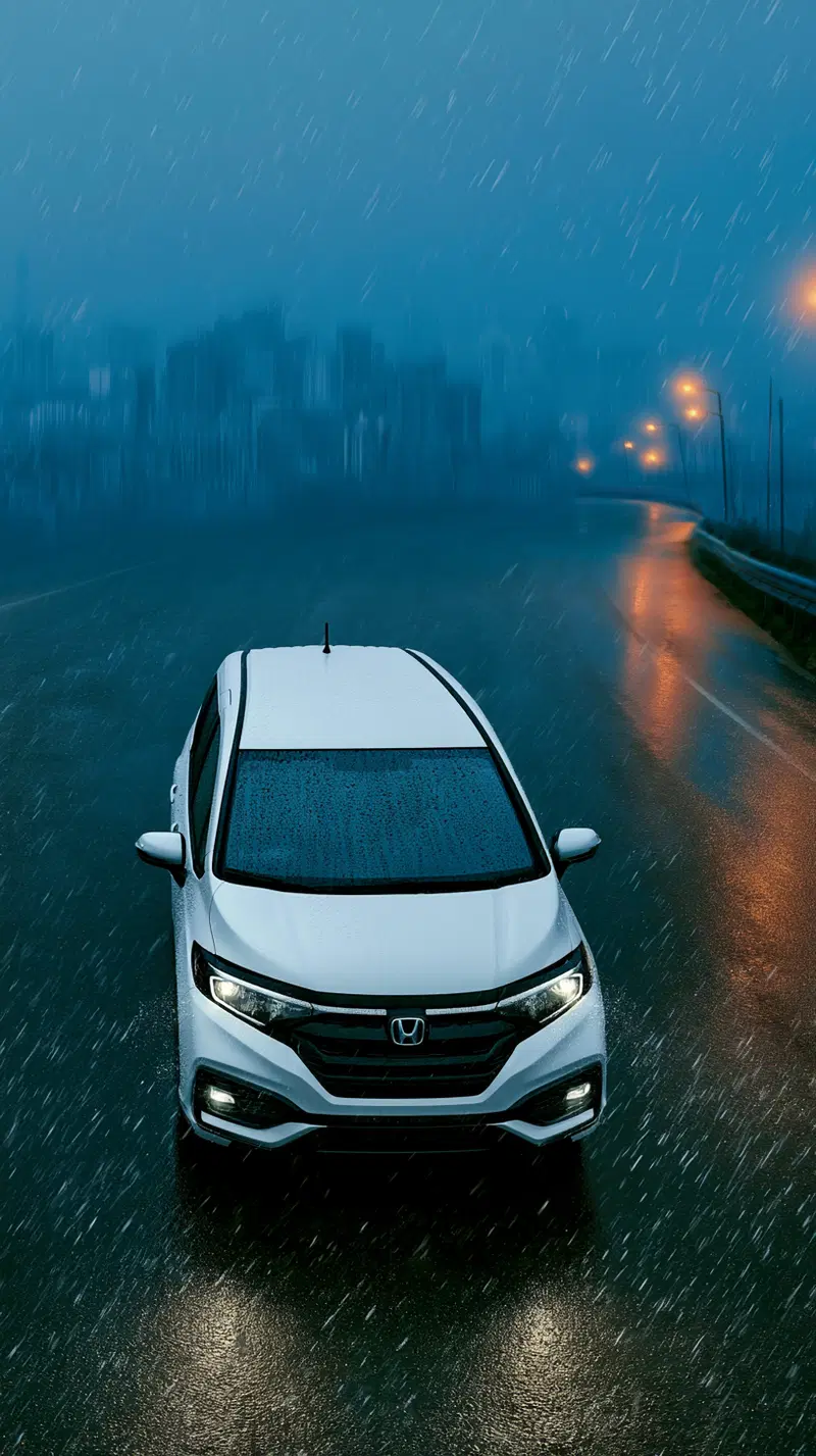 White car driving on a rainy road at night with city in background