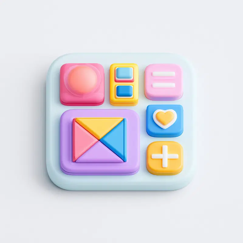 3D colorful digital art icons with geometric and abstract shapes