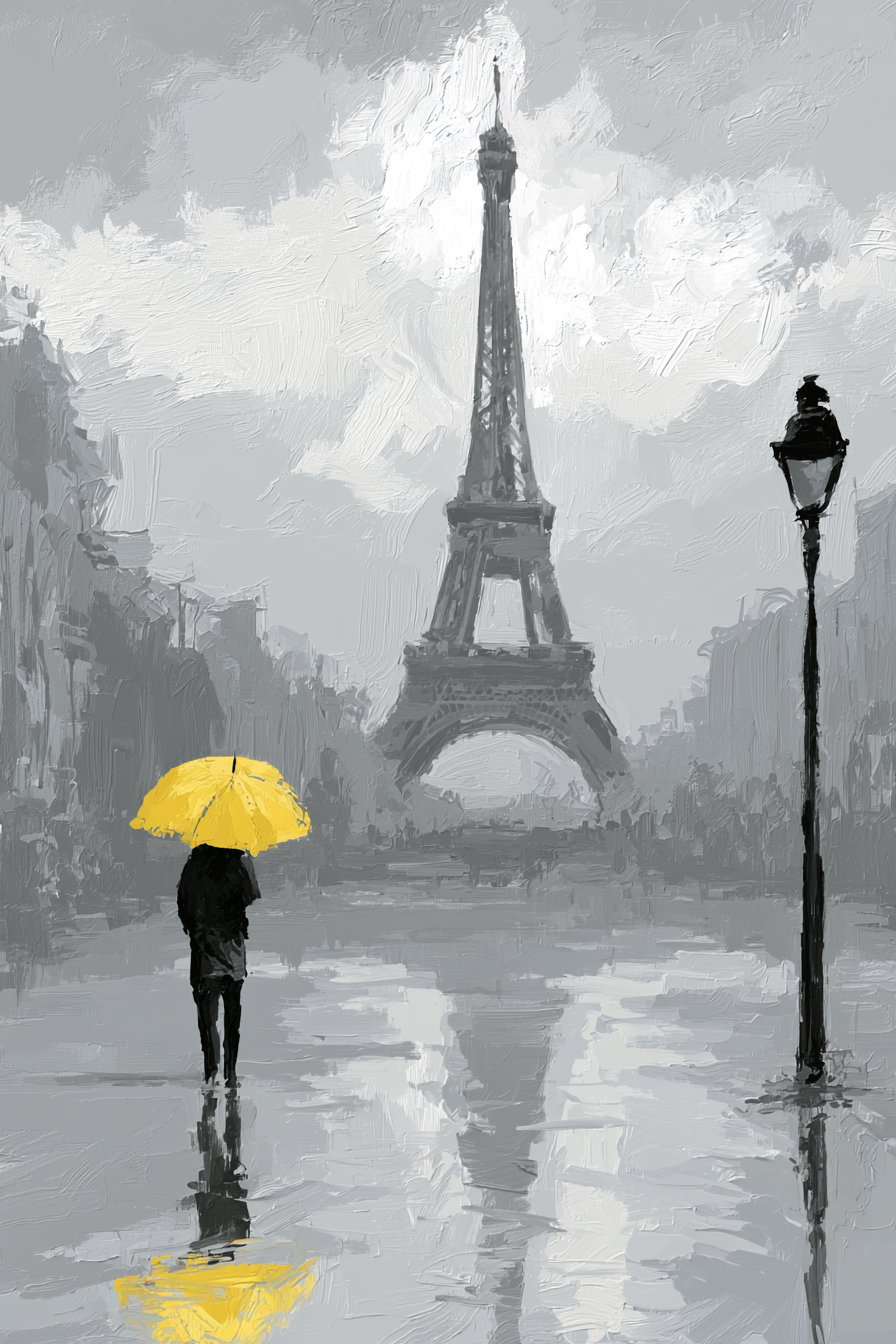 A grayscale impressionistic painting featuring the Eiffel Tower, a person holding a yellow umbrella, a street lamp, and their reflections on a wet surface.