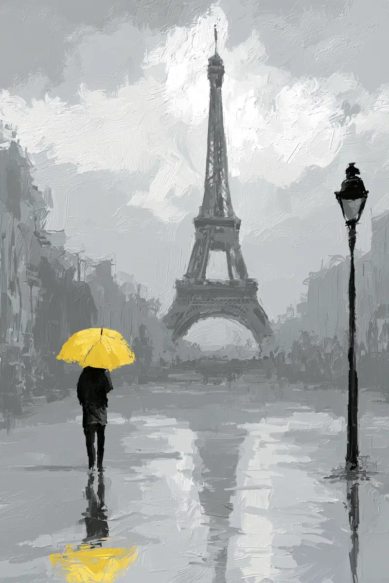 Impressionistic Painting of a Person with a Yellow Umbrella Near the Eiffel Tower