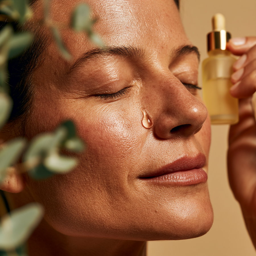 A close-up view of a woman with closed eyes, a drop of serum on her cheek, and holding a small bottle with a dropper near her face, surrounded by blurred green foliage