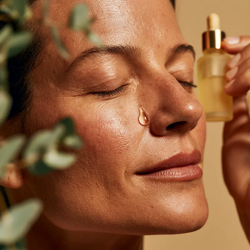 Close up of a woman applying skincare serum with eyes closed and serene expression