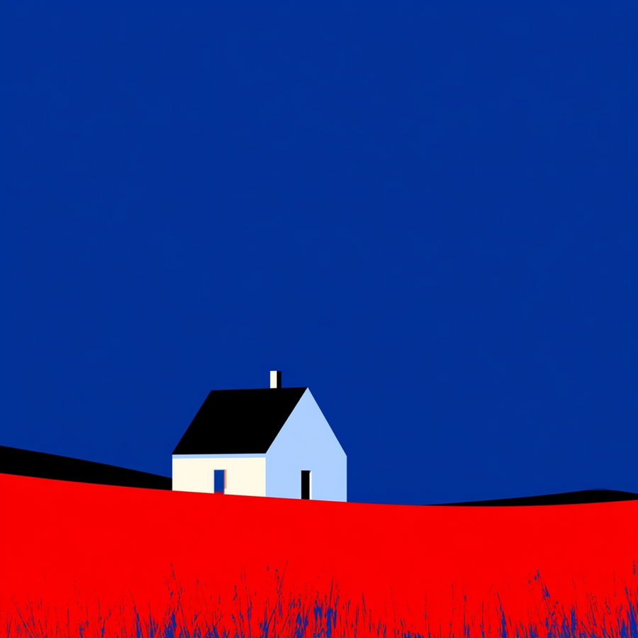 A simple white house with a black roof and chimney sits on a red field with sparse tall grass, beneath a plain deep blue sky.