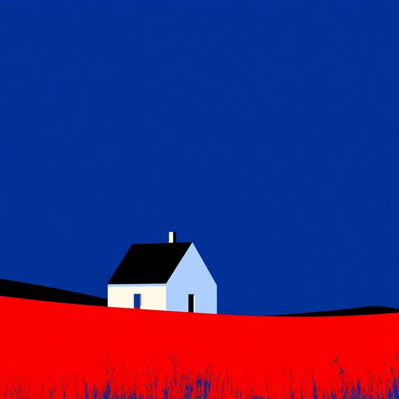Minimalist illustration of a solitary house on a red field under a deep blue sky