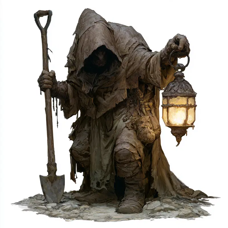 Dark hooded figure holding a lantern and a shovel in a fantasy setting