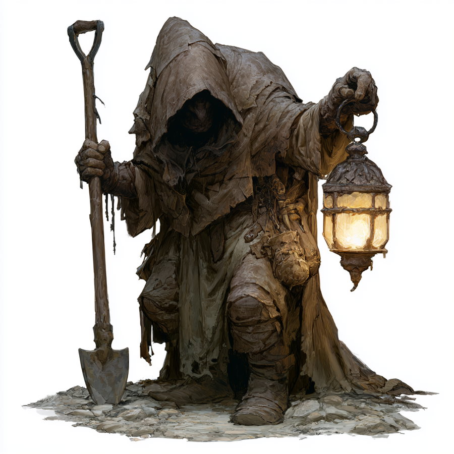 A dark robed and hooded figure crouching on rocky ground, holding a glowing lantern in one hand and a shovel in the other, with tattered and worn clothing covering the entire body
