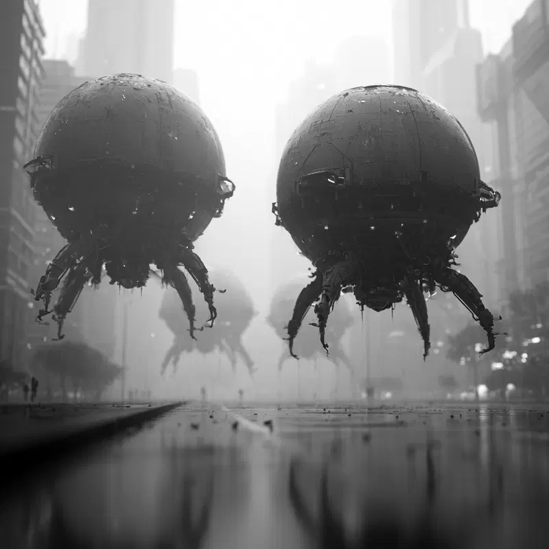 Futuristic spherical robots with mechanical legs hovering in a cityscape