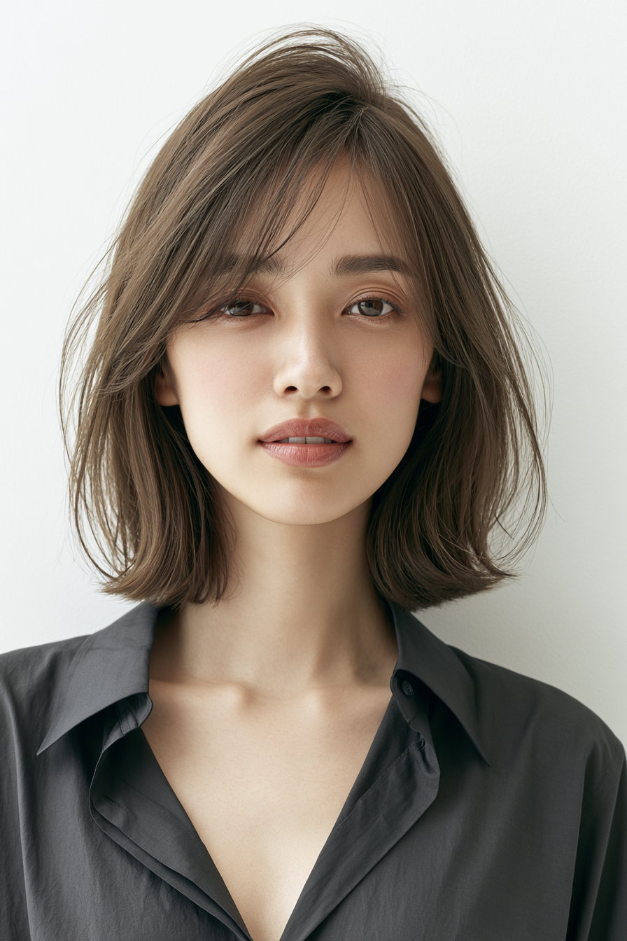 Close-up portrait of a woman with shoulder-length brown hair, soft natural makeup, wearing a black shirt against a white background
