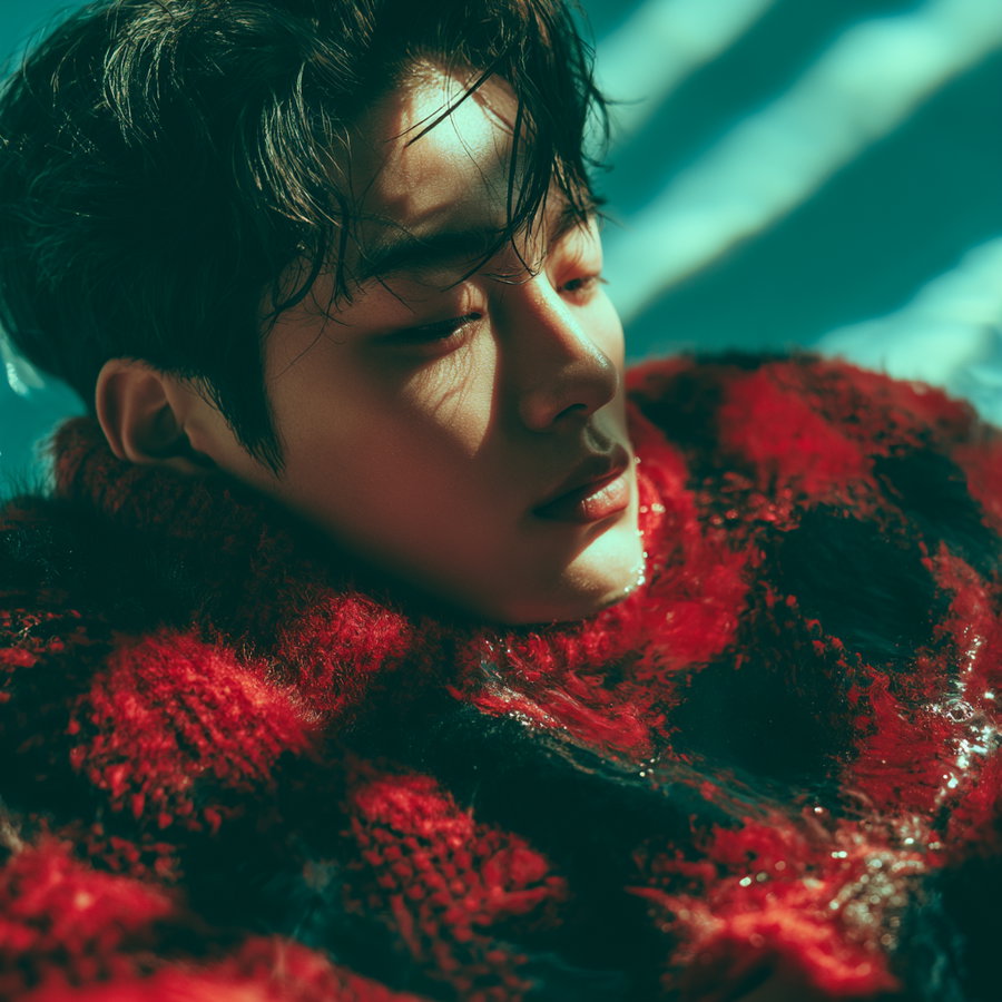 Close-up of a man with tousled black hair and moody shadow patterns on his face, dressed in a red and black fuzzy sweater.