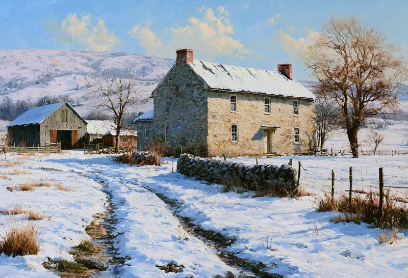 Snow-covered rural landscape featuring stone farmhouse and barn