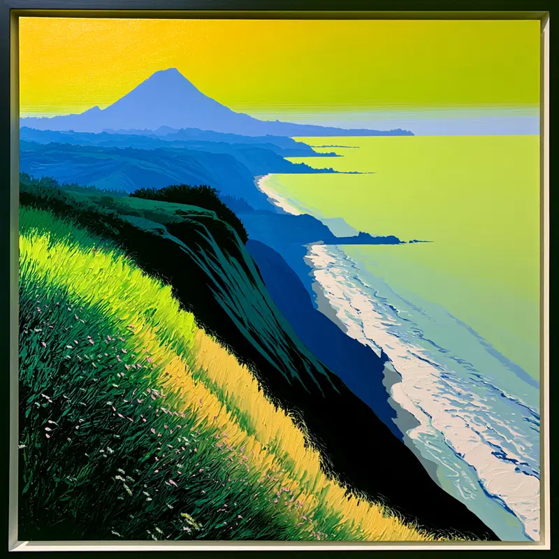 Vibrant coastal cliffside with ocean waves and distant mountains at sunset