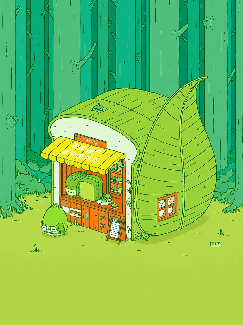 Illustration of a whimsical bakery shaped like a leaf in a forest