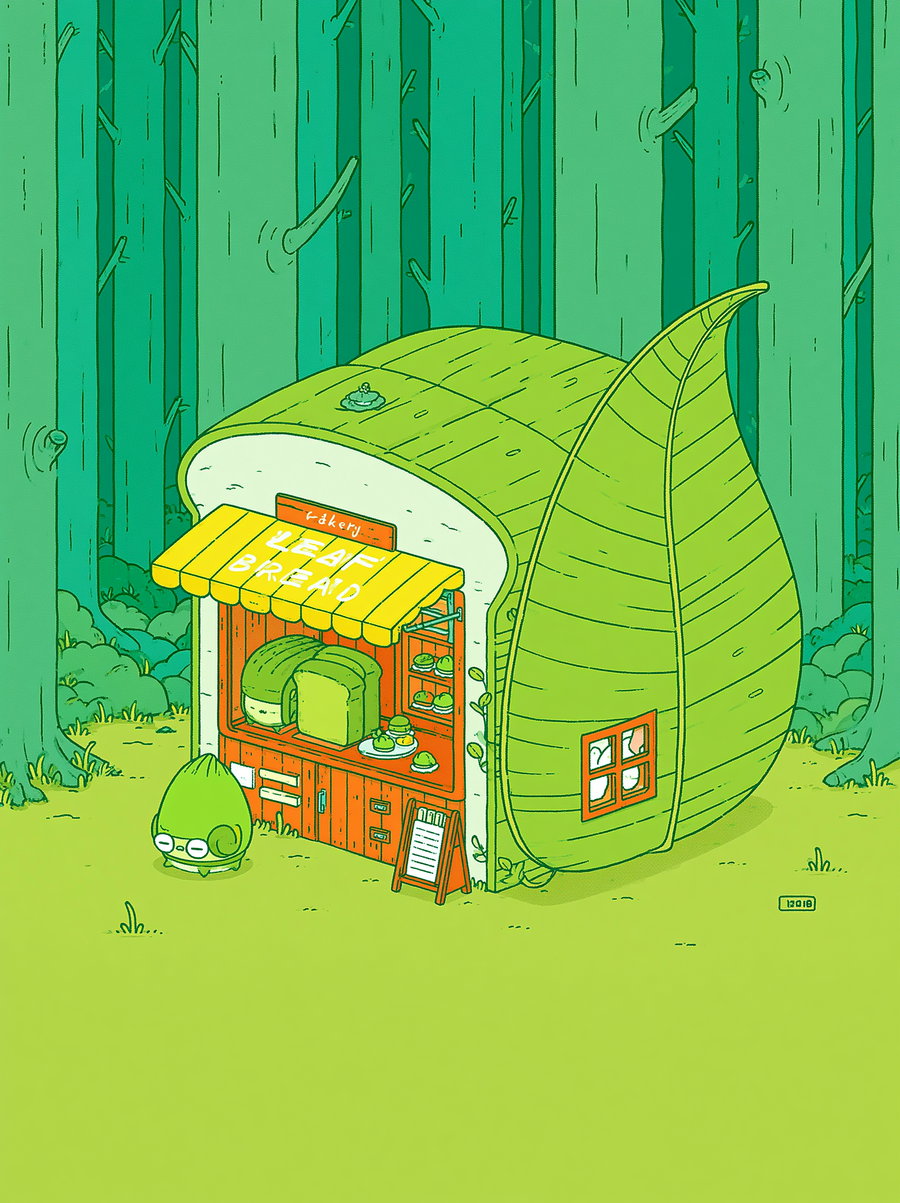 A small bakery designed to look like a slice of leaf-shaped bread, with a yellow and white awning reading Leaf Bread bakery, set in a green forest with tall trees. A small cute character with glasses is standing outside.