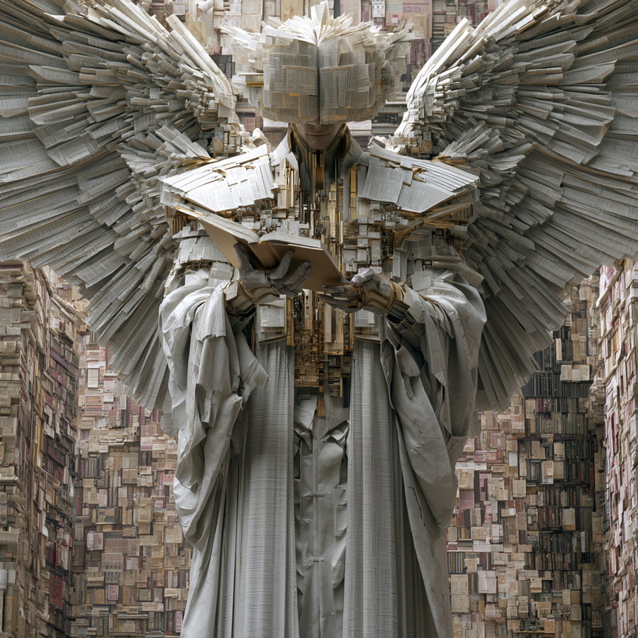 A detailed figure of an angel composed entirely of stacked and arranged open and closed books, with large wings spread out behind it, and holding an open book in its hands in a room full of books.