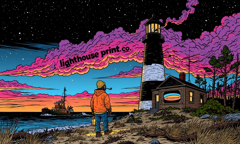 Man standing at a lighthouse with vibrant sunset and colorful clouds