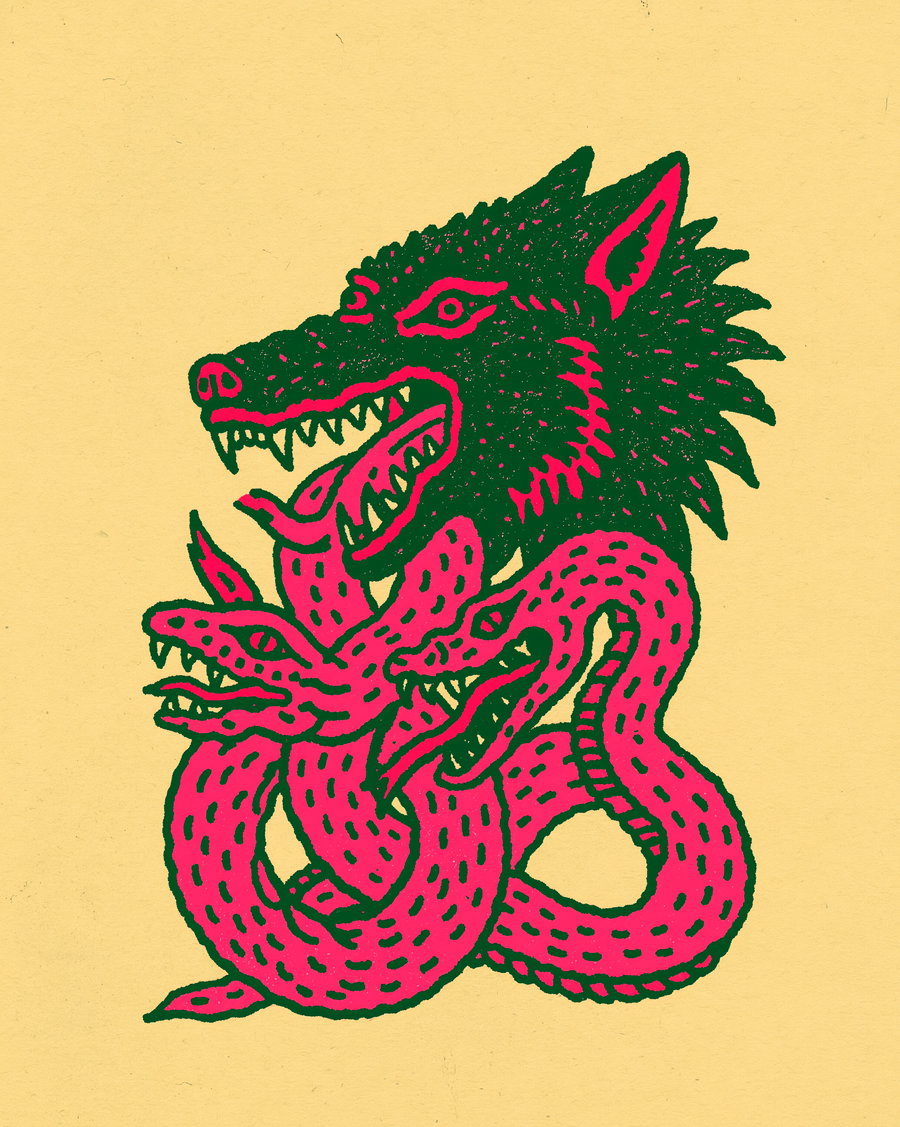 A stylized drawing of a creature with a black wolf head and three bright pink serpent heads intertwined, all with sharp teeth and on a yellow background