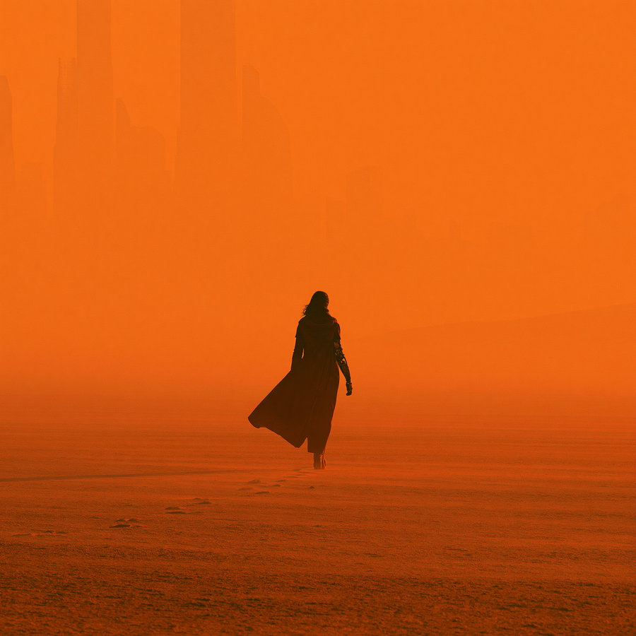 A lone person wearing a flowing cloak walks across a barren desert with footprints trailing behind, an orange haze and a futuristic city skyline are visible in the background