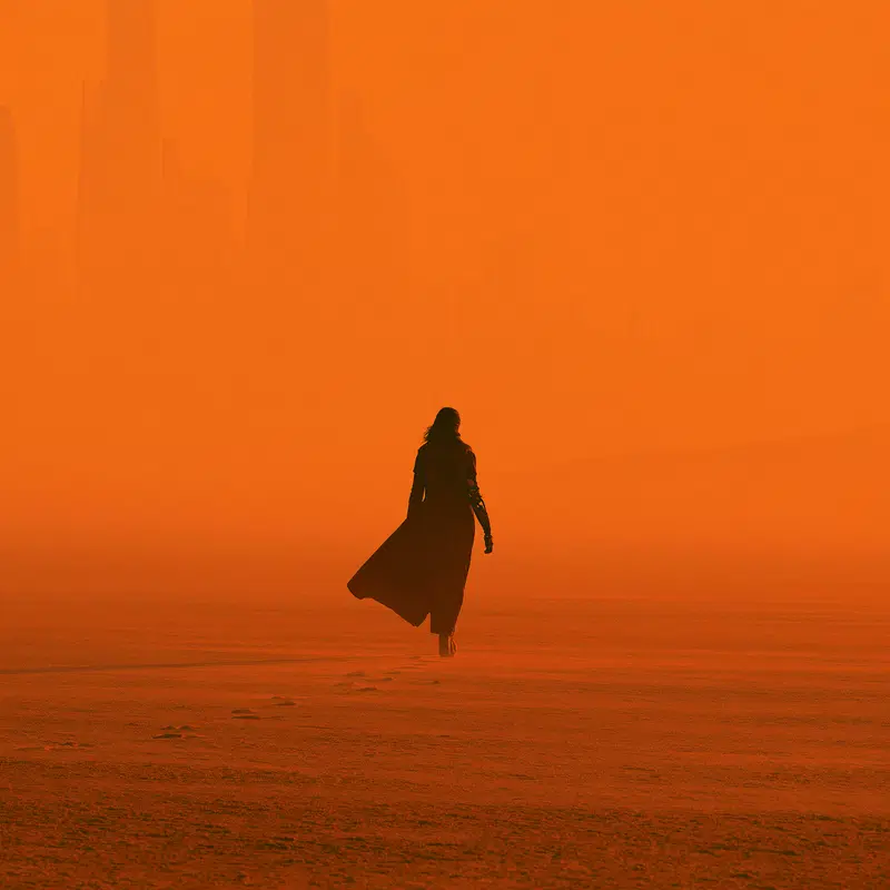 Solitary figure walks across barren landscape with futuristic city skyline