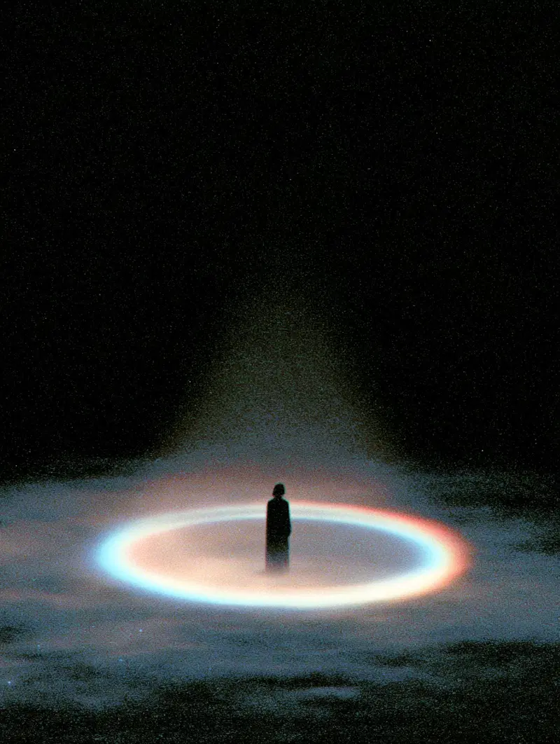 Solitary Figure Standing Within a Glowing Circular Light in the Dark