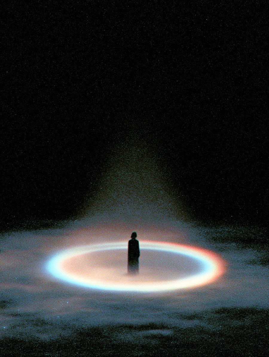 A silhouette of a person standing alone surrounded by thick mist and a glowing circular light with blue and red hues in a dark environment