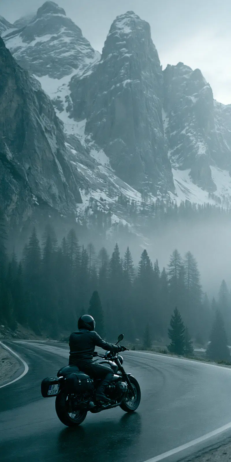 Motorcyclist riding on a misty mountain road surrounded by snow-covered peaks and dense pine forest