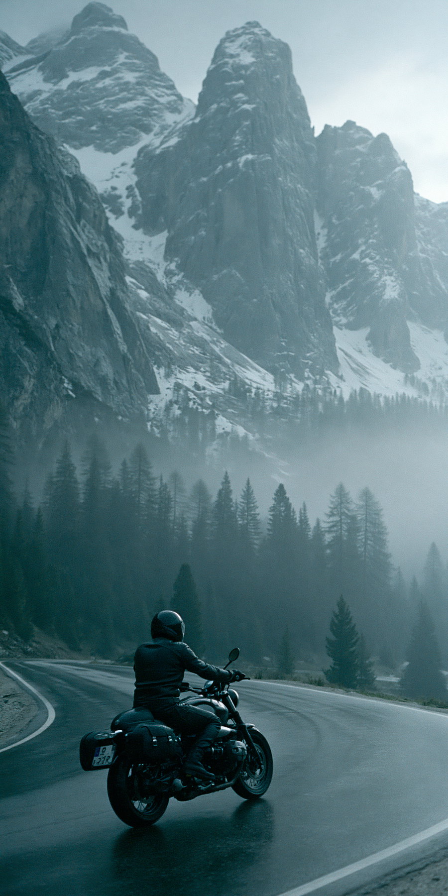 Person riding a motorcycle on a winding wet road with dense fog, tall pine trees, and large rocky snow-dusted mountains in the background