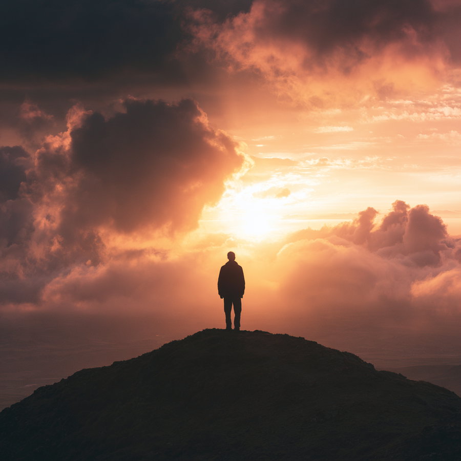 A lone figure silhouetted on a dark hilltop with vibrant orange and pink clouds in the sky at sunset