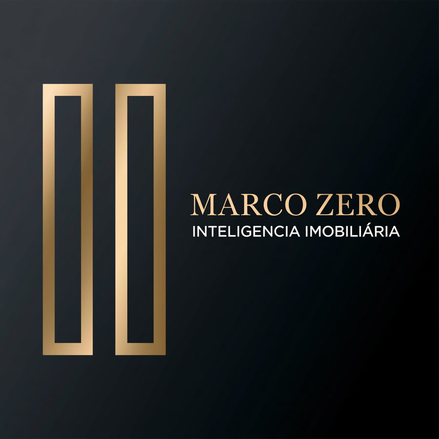 Golden geometric logo consisting of two vertical rectangles with the text MARCO ZERO INTELIGENCIA IMOBILIÁRIA on the right side over a black background