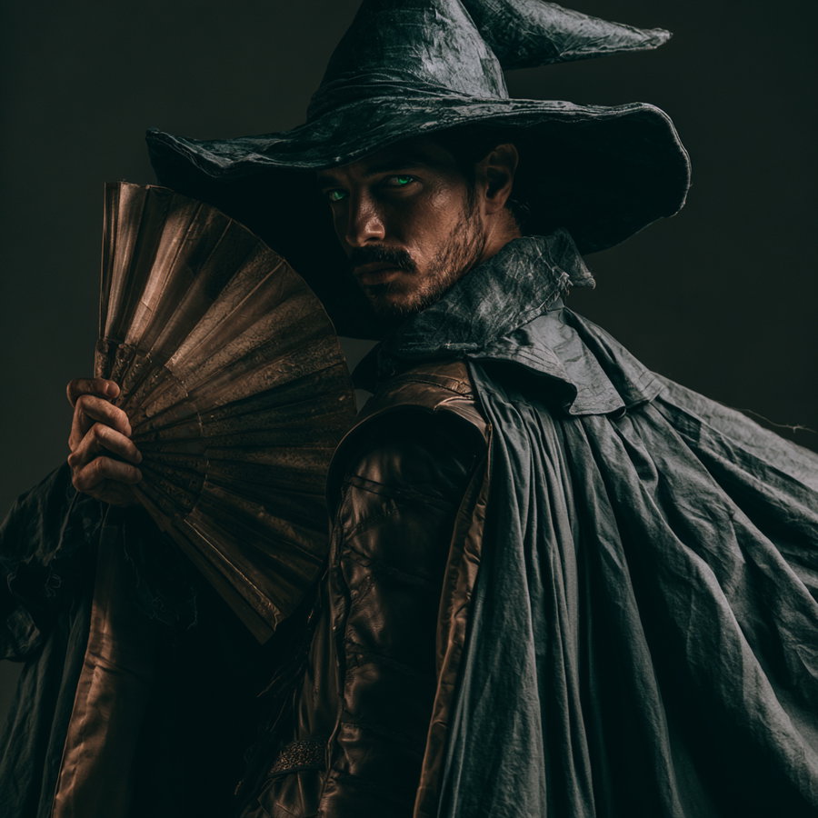 A close-up portrait of a man dressed as a wizard wearing a large, pointed hat and flowing cloak, holding an old-fashioned fan, with glowing green eyes and intense expression against a dark background.