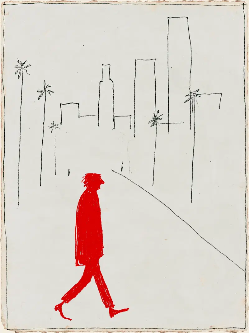 Minimalist sketch of a red figure walking in a cityscape with palm trees