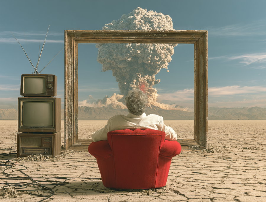 A man with gray hair sits in a red armchair on cracked desert ground, facing a large wooden frame that frames a distant volcanic eruption with smoke and lava, with two vintage televisions stacked on the left side.
