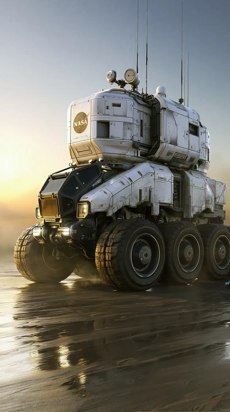 Futuristic NASA rover vehicle with six large wheels at sunset