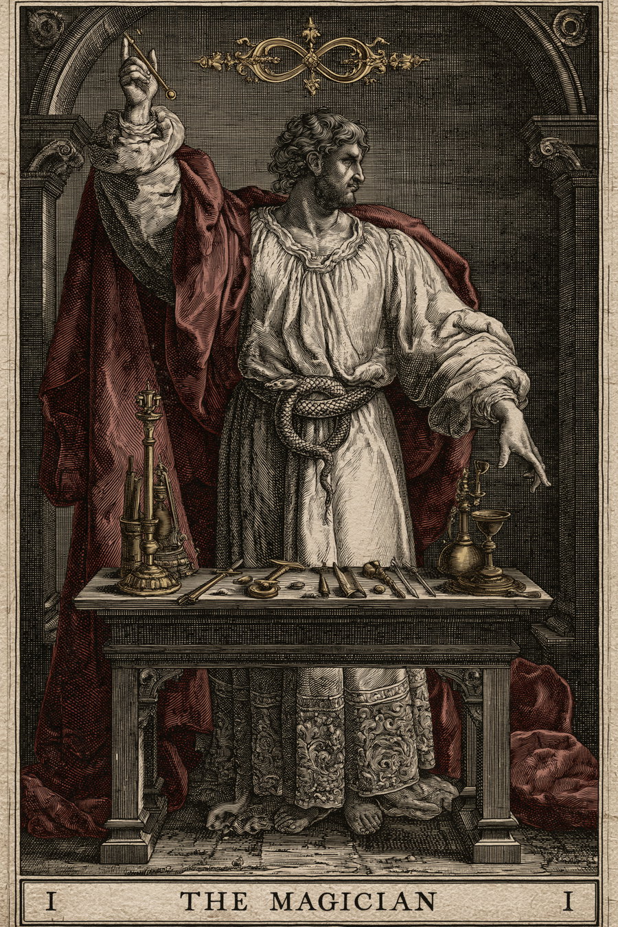 A detailed, vintage-style illustration of a man known as The Magician, standing behind a table with various magical tools and instruments; he wears flowing robes with intricate patterns and a red cloak, holding a wand raised upward with one hand and pointing downward with the other, set against an archway background.