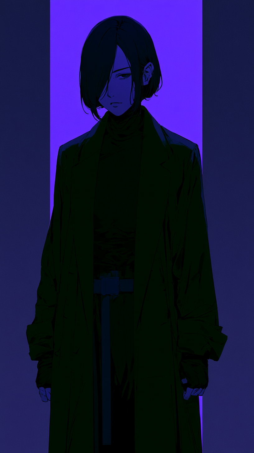 A digital artwork of a young male figure with black hair partially covering one eye, wearing a black turtleneck and long coat, set against a vivid blue and dark purple background.