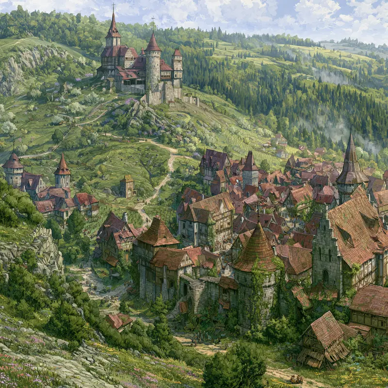 Medieval Fantasy Village with Castle on Hill Surrounded by Lush Green Forest