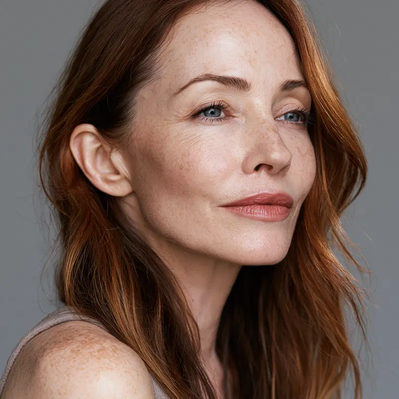 Close-up portrait of a mature woman with red hair and natural freckles
