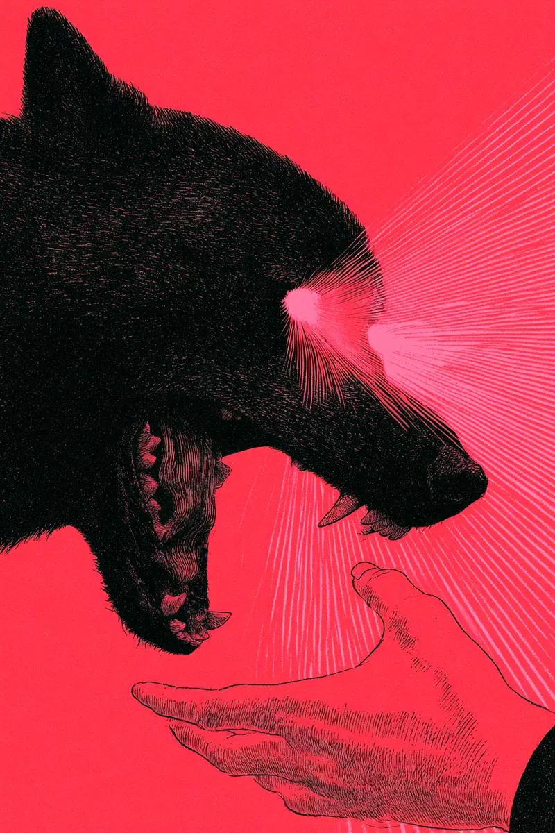 Black wolf with glowing eyes facing an outstretched human hand on a red background