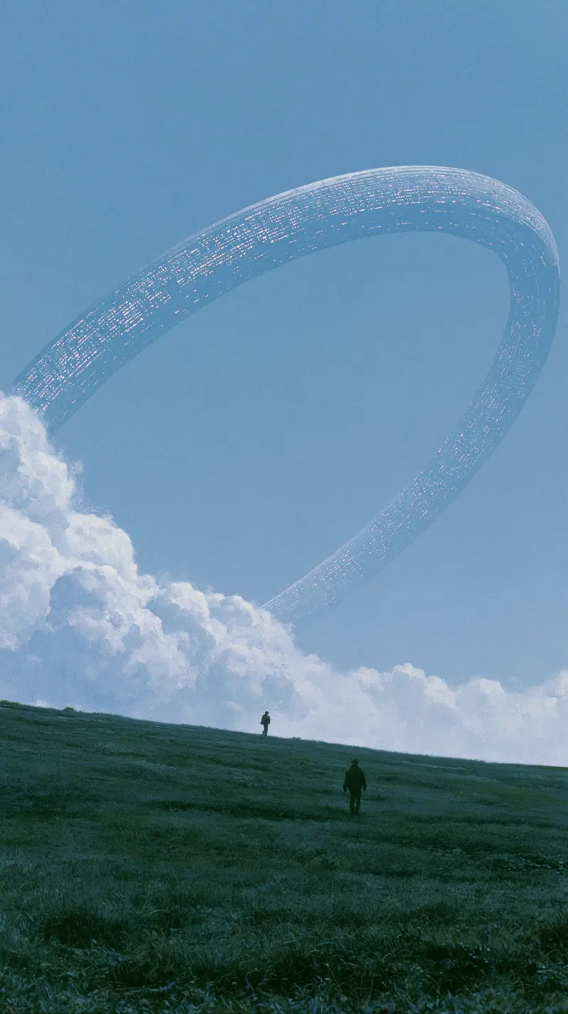 Two people walking toward a giant futuristic ring structure in the sky