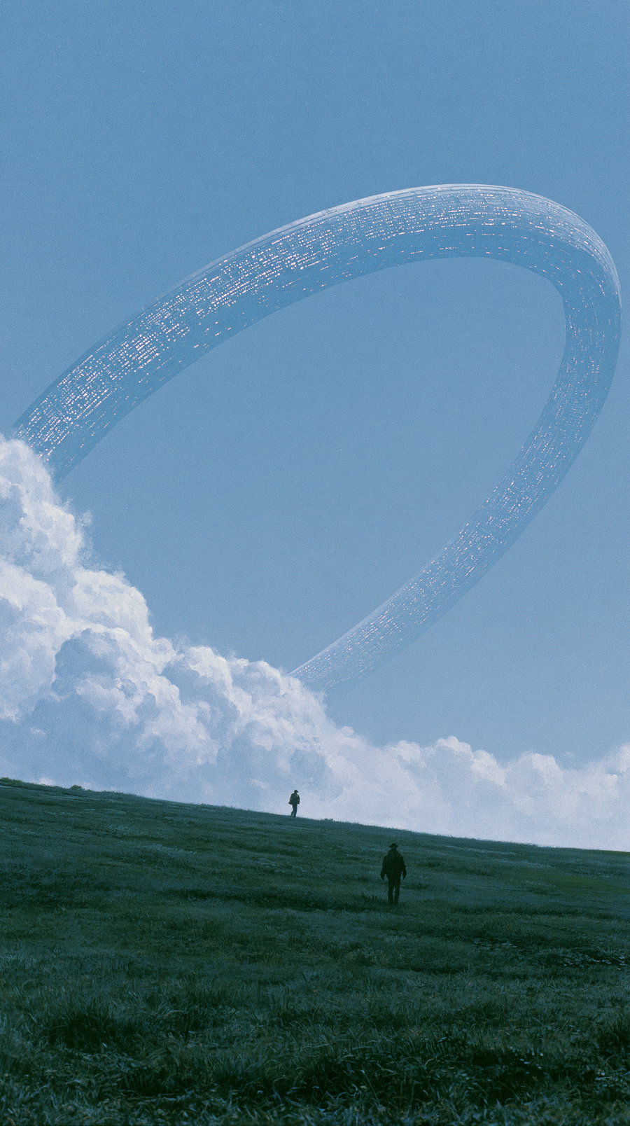 A grassy field under a blue sky with two figures walking toward a huge, translucent, futuristic ring structure above the clouds.