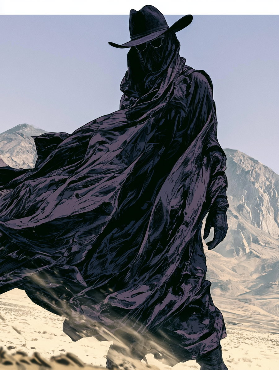 A dark figure wearing a wide-brimmed hat, sunglasses, black gloves, and a flowing black cloak stands in a sandy desert with mountains in the background under a clear sky.