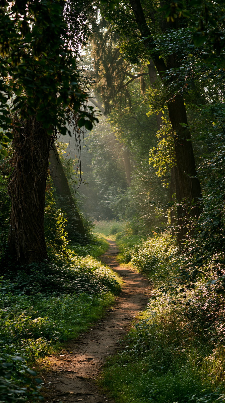 A narrow dirt path leads through a dense forest with tall trees and abundant green foliage, sunlight streaming through the canopy creating patches of light and shadow.