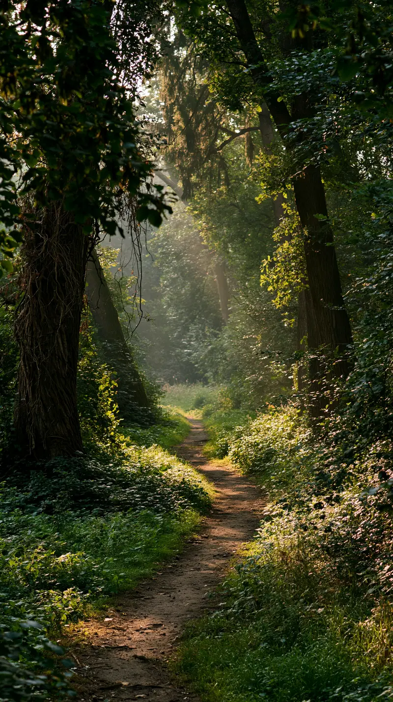 Sunlit forest path surrounded by lush green trees and foliage