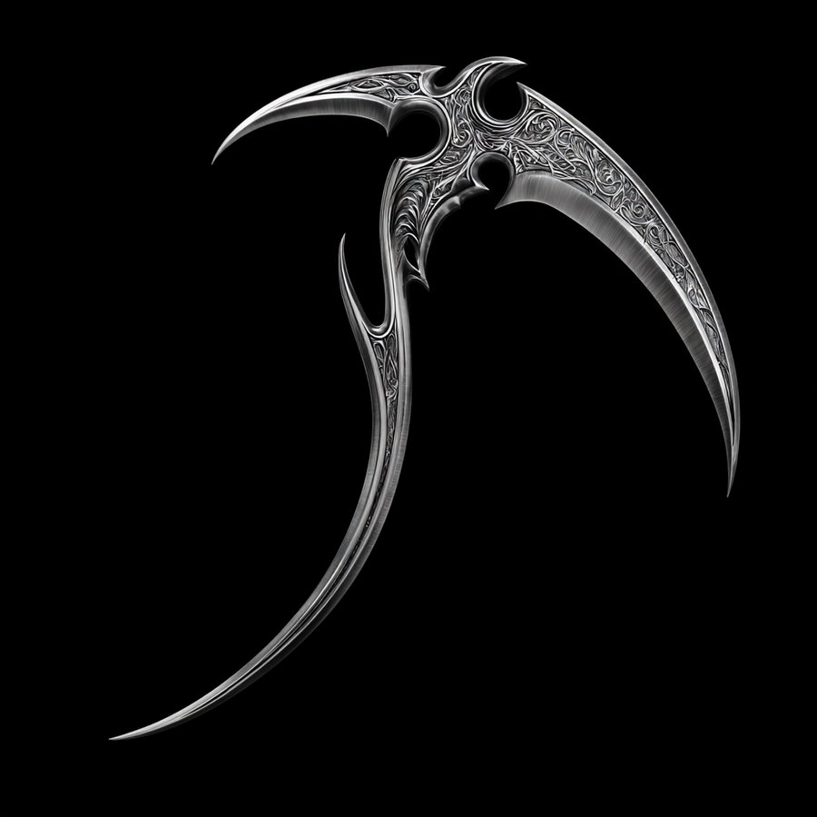 A metallic, intricately engraved weapon with multiple curved sharp blades set against a black background
