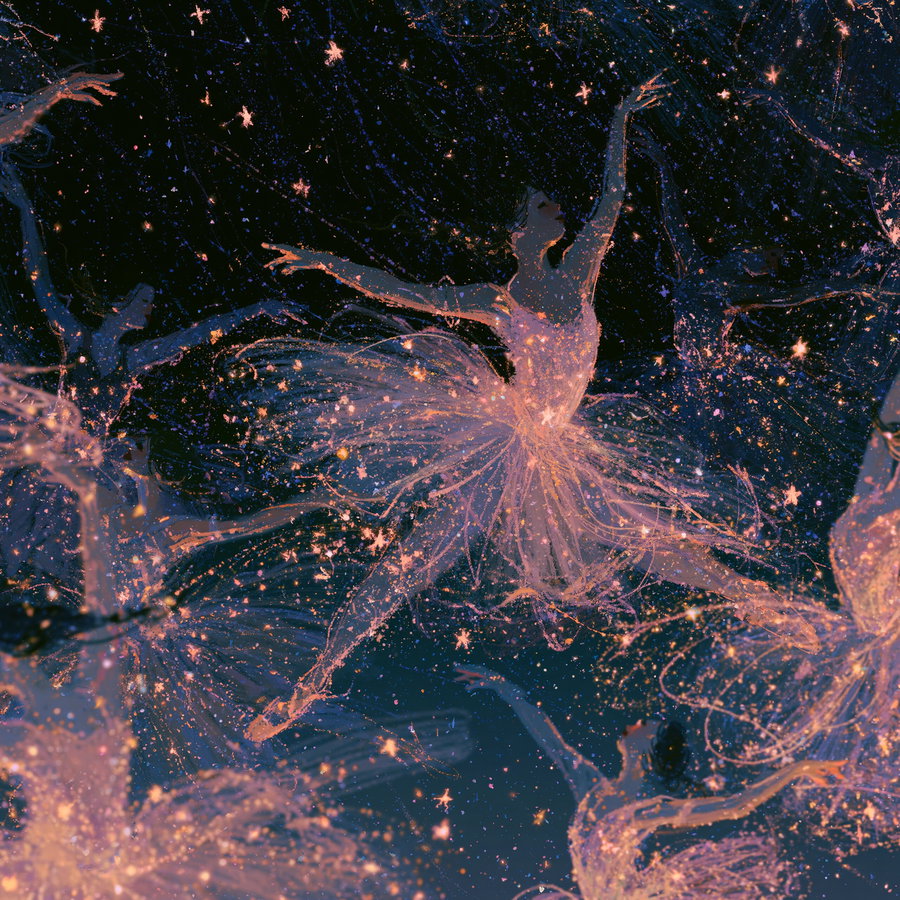 Digital artwork showing multiple ballerinas in flowing, translucent tutus dancing among glowing stars and cosmic sparkles on a dark blue background