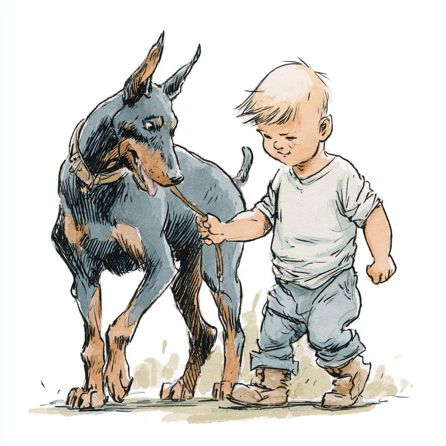 A watercolor-style illustration showing a young boy in casual clothing and boots holding a leash attached to a Doberman dog as they walk together