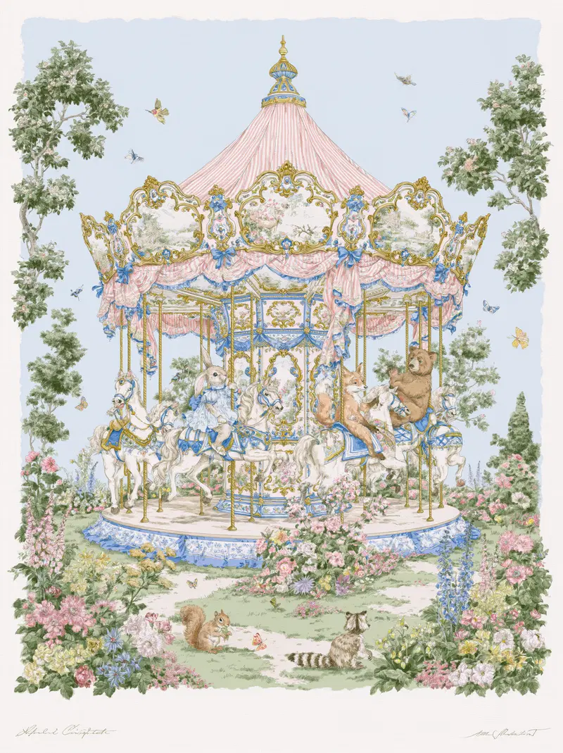 Vintage carousel with animals riding horses surrounded by flowers and butterflies