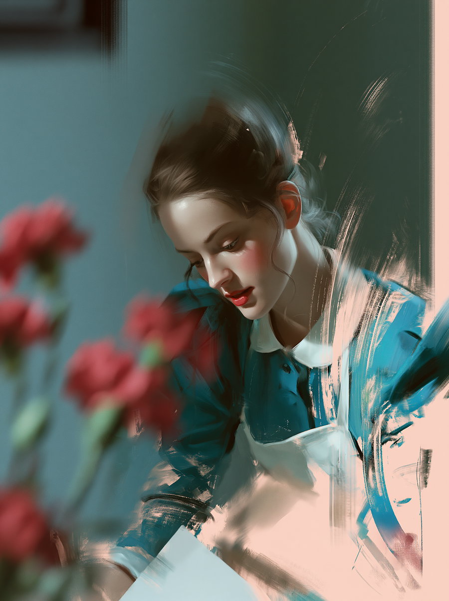 A digital painting of a woman wearing a blue shirt and white apron, with blush on her cheeks, red lips, and her head slightly tilted downward, surrounded by pink flowers and soft brushstroke textures