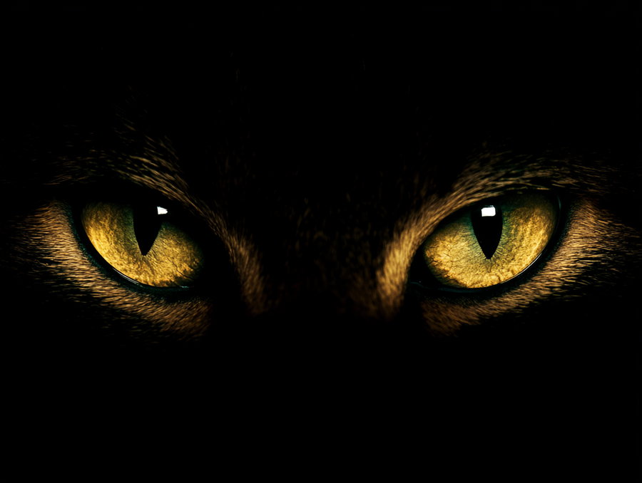 A close-up image showing a cat's glowing yellow-green eyes and part of its fur in a dark background